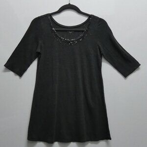EILEEN FISHER Charcoal Gray Sequin Neck 100% Linen 3/4 Sleeve Tee Top Size XS